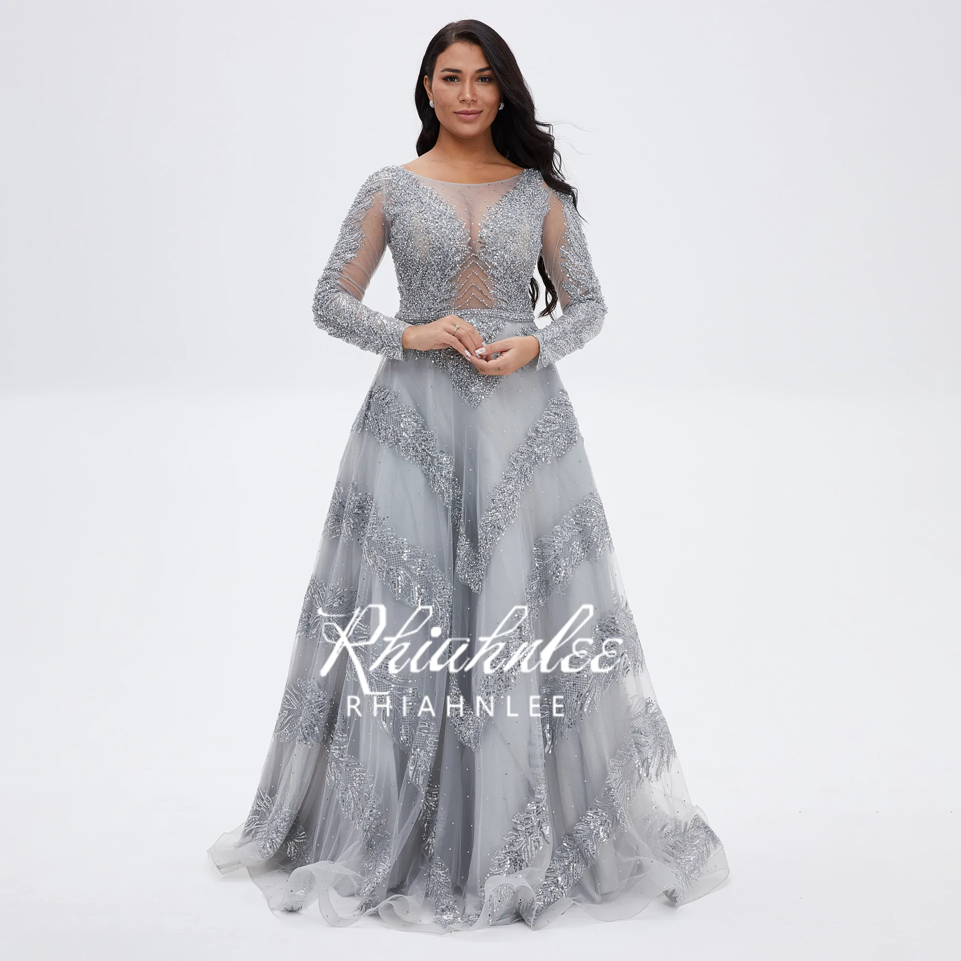 ball gown for women Dubai Grey Long Sleeves Crystal Beaded Sequin Evening Dresses A-Line Floor Length Formal Gowns red evening dress