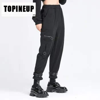 

2020 New Spring Womens personality fashion Elastic waist overalls Lounge dark nine point pants