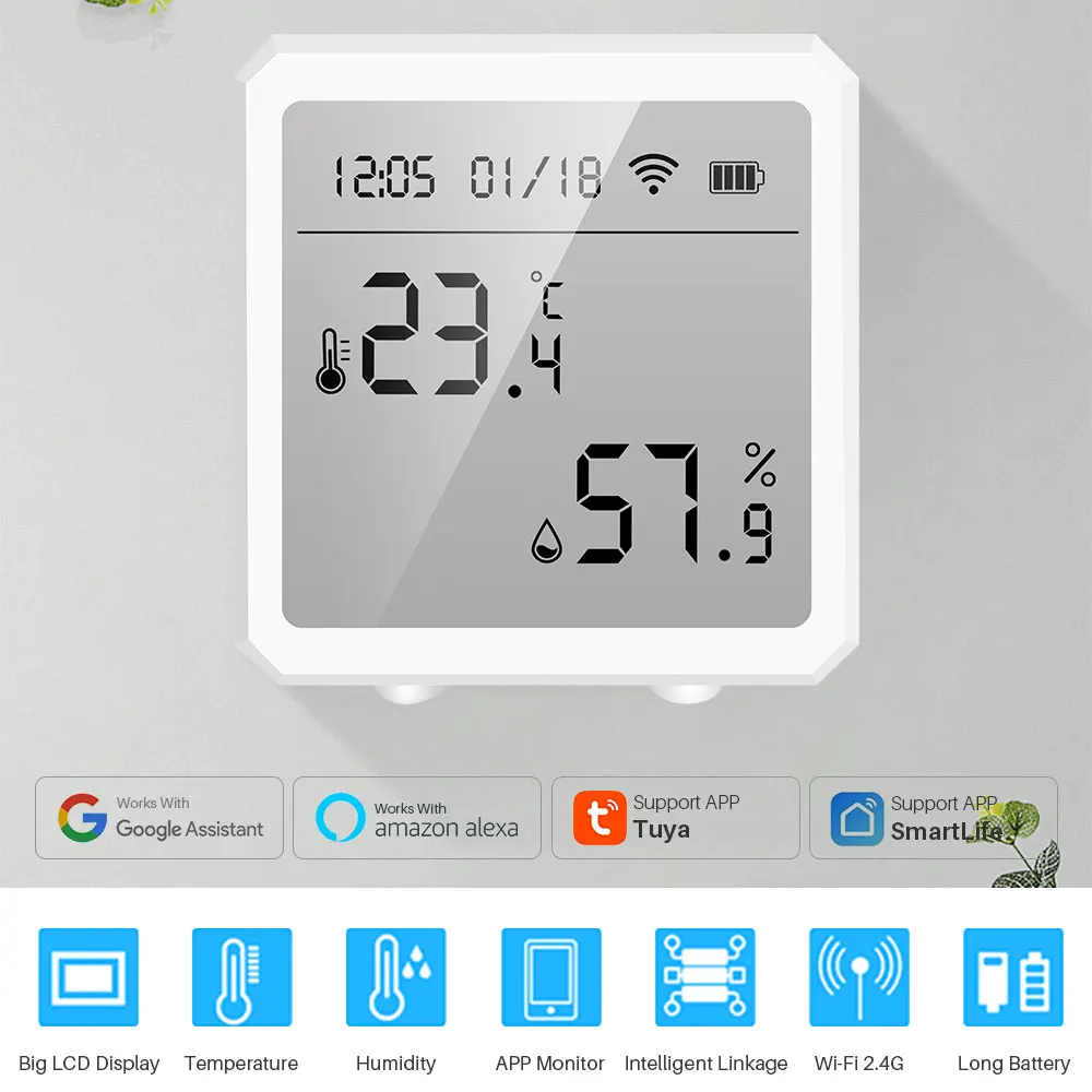 Tuya WIFI Temperature Humidity Sensor Indoor Hygrometer Thermometer  Detector Smart Life App Support Alexa Google Home