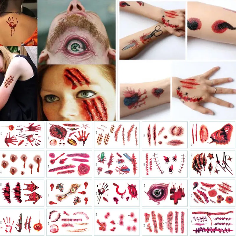 

5/30pc Temporary Tattoo Sticker Horror bat Terror Wound Realistic Blood Injury Scar Tattoo Sticker For Halloween Makeup Body Art