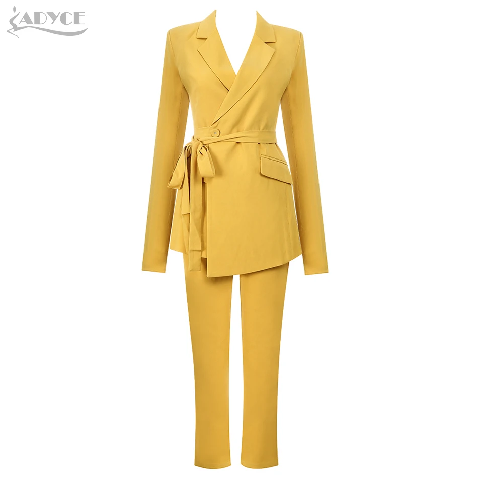 ADYCE новые зимние желтые вечерние Подиумные вечерние комплекты из 2 предметов с сексуальным v-образным вырезом и длинным рукавом пальто и брюки Комплекты с поясом - Цвет: Yellow