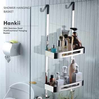 

V-Type Stainless Steel Glue Free And Punch Free Over Shower Room Door Hanging Basket Bathroom Shelf Storage Rack Home Organizer
