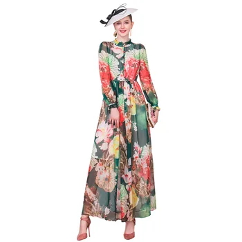 

2019 Bohemian Summer Autumn Chiffon Flower Long Dress Slim Waist Party Runway Fashion Printed Long Dress 9098