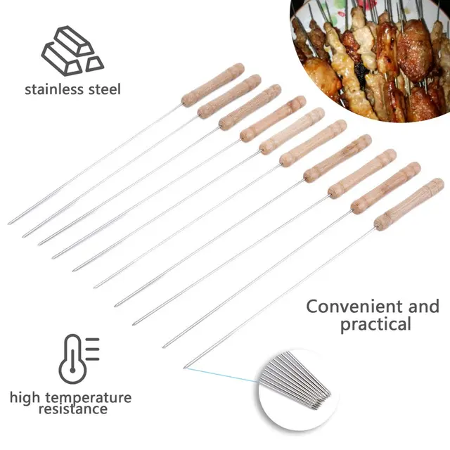 10Db Rozsdamentes Acélból Származó Bbq Nyárs Fa Fogantyúval Újrafelhasználható Piknik Barbecue Kültéri Főző Szerszám Konyhai Kiegészítők - Image 2