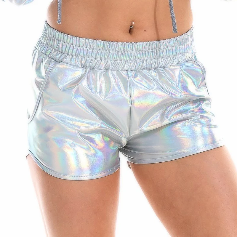 Pantalones cortos metálicos mujer, Shorts brillantes con cintura elástica, para baile Rave, con bolsillos, Sexy, para fiesta y Club _ - AliExpress Mobile