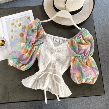 

Short Chic Design Women Puffy Sleeve Prints Patchwork Ruched Blouse Top V-neck Drawstring Waist Top