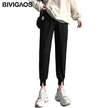 

BIVIGAOS 2020 Spring New Women's Cotton Sweatpants Bottom Fork Casual Pants Loose High Waist Slim Trousers Women Sweat Pants