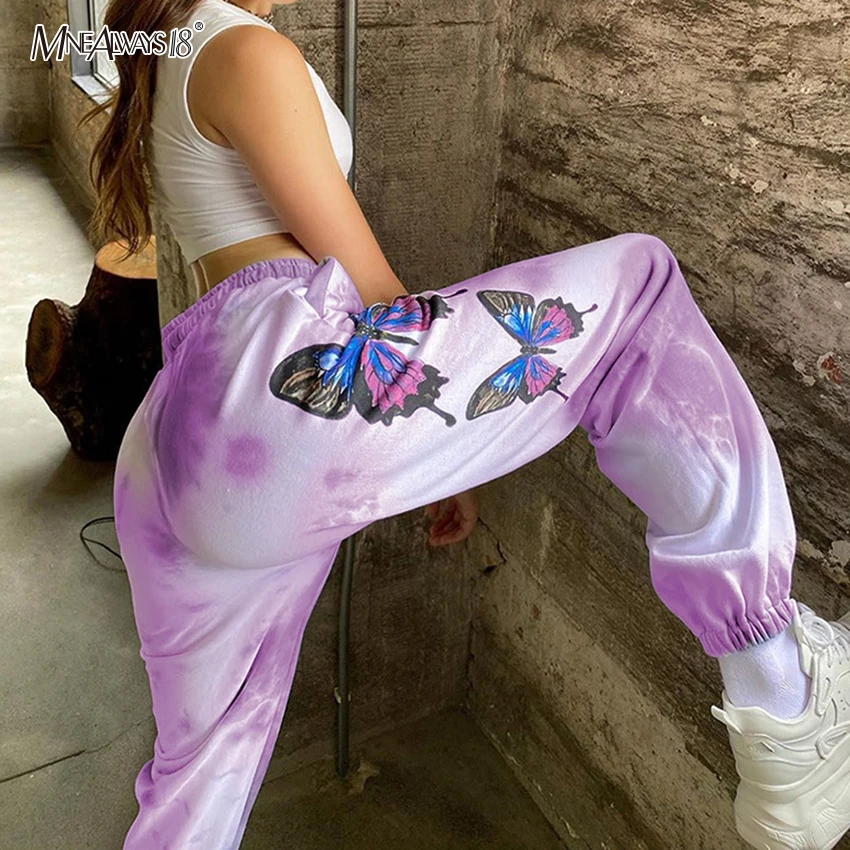 Mnealways18 Butterfly Print Tie Dye Pants Fashion High Waisted Harem Trousers Pattern Joggers Women Lace Up Casual Jogger 2020 | Женская