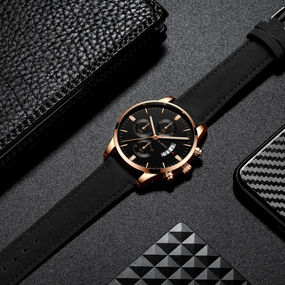 Men's Watch Fashion Sport Stainless Steel Case Leather Band Quartz Analog Wrist Watch Men Masculino Relogio Watch Clock