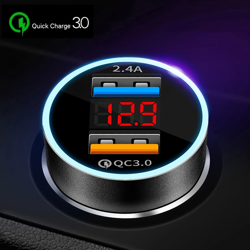Автомобильное зарядное устройство USB с светодиодный дисплеем QC 3 0 двойное