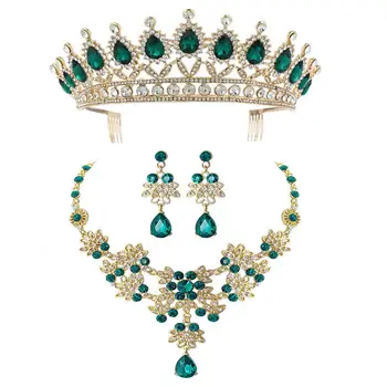 

Green Bride Crown Hair Triple Wedding Garment Jewelry, Marriage Headwear Necklace Earrings for Women