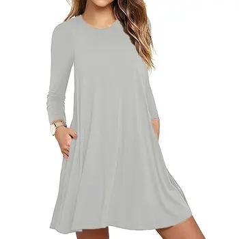 

Womens Autumn Long Sleeve Round Neck Plain T-Shirt Dress Solid Color Pleated Swing Casual Loose Pullover Streetwear with Pockets