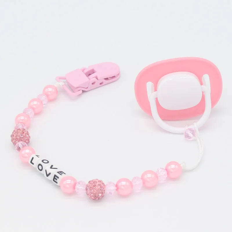 Baby Pacifier Clips Crystal Pearl Baby Pacifier Chain Anti-dropping Anti-lost Chain Infant Kids LOVE Letters Pacifier Chain