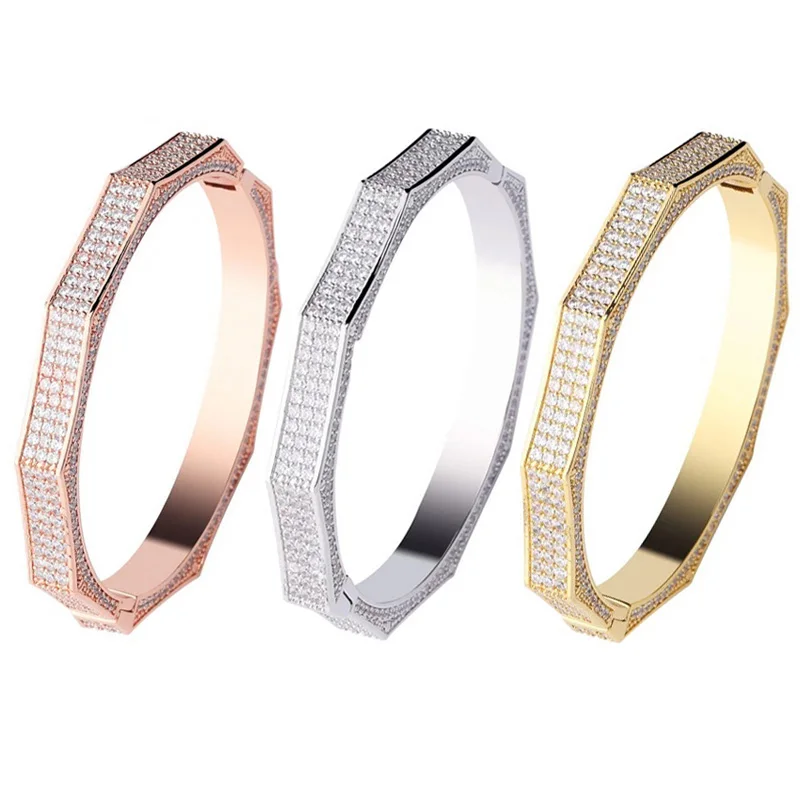 Iced многоугольные квадратные круглые браслеты-манжеты мужские и женские хип-хоп ювелирные изделия из кубического циркония медный материал скрытые безопасные браслеты с пряжкой