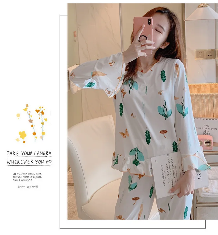 Wontive Autumn Women Long Sleepwear Suit Home Women Gift Female Sleepwear Cartoon female big plus size womens pajamas Sets