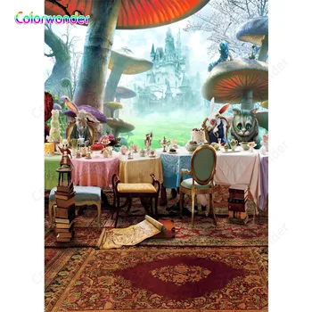 

The Castle Bunny Cat Behind the Giant Mushroom Baby Shower Photography Backdrop Photographic Backgrounds For Photo Studio Vinyl