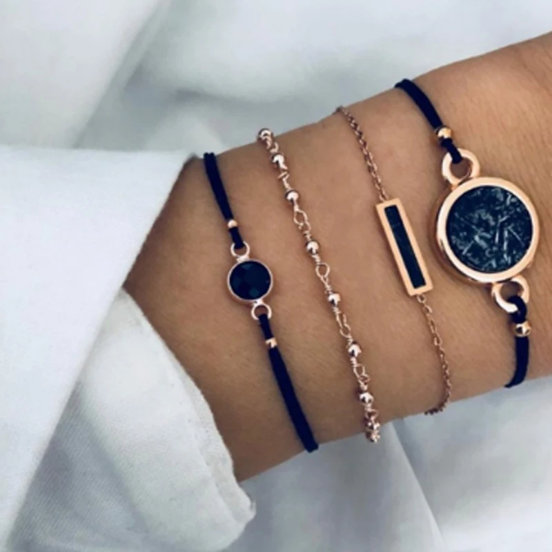 Docona 4 шт./компл. Boho черный драгоценный камень Шарм браслет для женщин Регулируемая