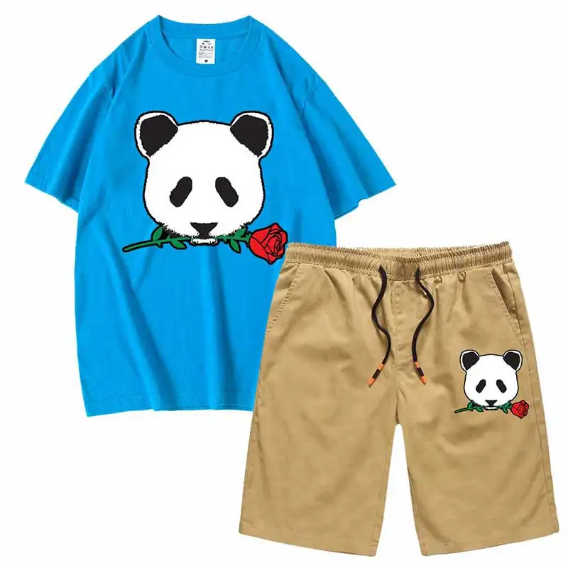 

Riot Society Men's Sets panda rose Tops and Shorts sportswear T shirts Short sleeved set 2 pcs sport tshirt casual homme top tee