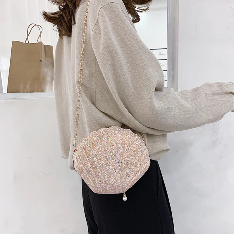 Cute Laser Sequins Small Shell Shoulder Bag Phone Money Pouch Summer Chain Pouch Crossbody Bags for Women Purse
