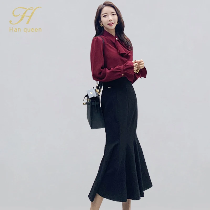 H Han queen, Элегантный комплект из 2 предметов, женский, зима, корейский стиль, сплошной цвет, Ретро стиль, рубашки и оборки, Русалка, облегающая юбка, OL