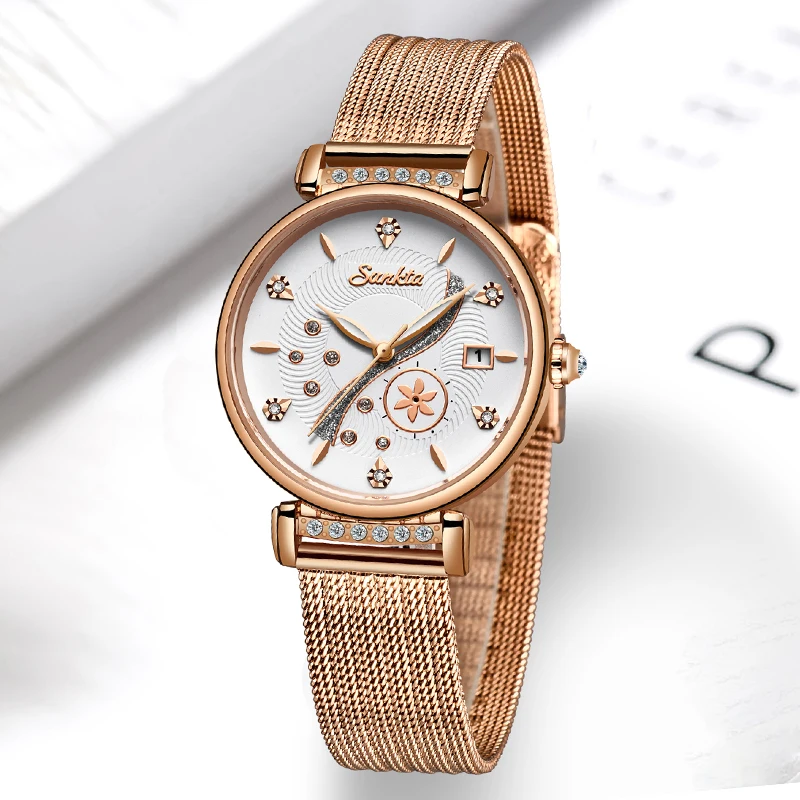 

SUNKTA Luxury Women Watches Stainless steel mesh belt Female Clock Quartz Wristwatch Fashion Ladies Watch Women Montre Femme+Box