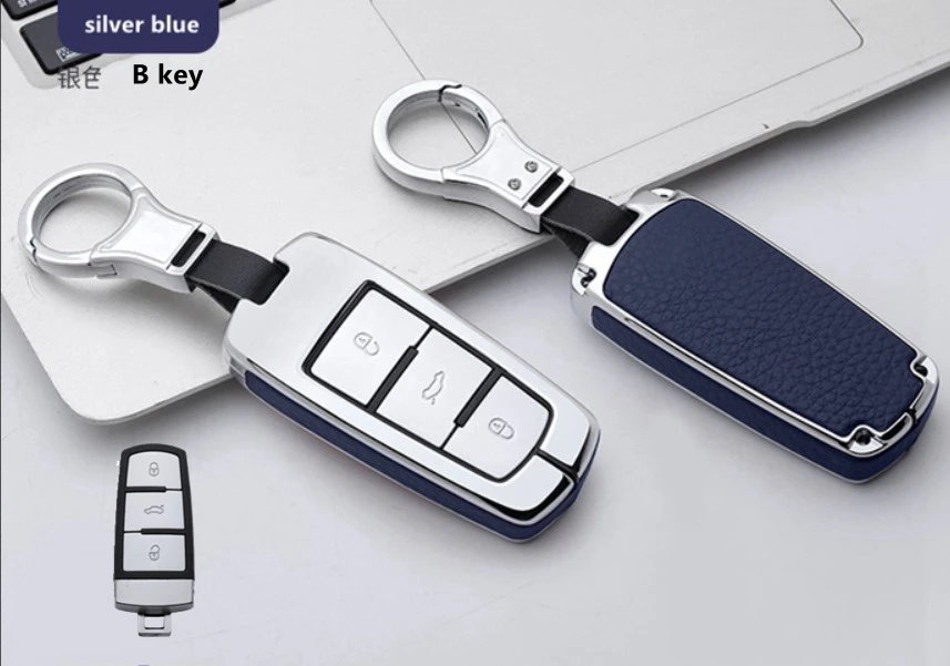 B key silver blue Высококачественный автомобильный кожаный и металлический чехол для ключей, брелок для Volkswagen Tiguan MK2 CC Passat B8 для Skoda A7 Octavia Superb - Название цвета: B key silver blue