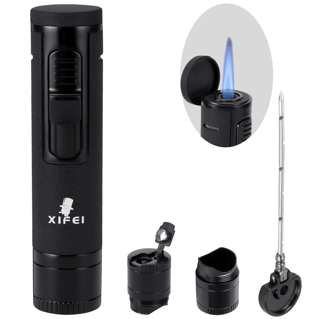 XIFEI Butane Refillable Cigar Lighter With Puncher Holder Needle Metal  Portable Multifunction Smoking Accessories SET For Men