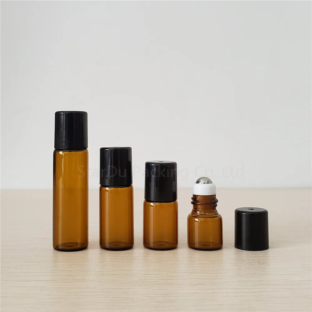 

50pcs 5ml amber rollon roller bottles for essential oils roll-on refillable perfume bottle deodorant containers with black lid