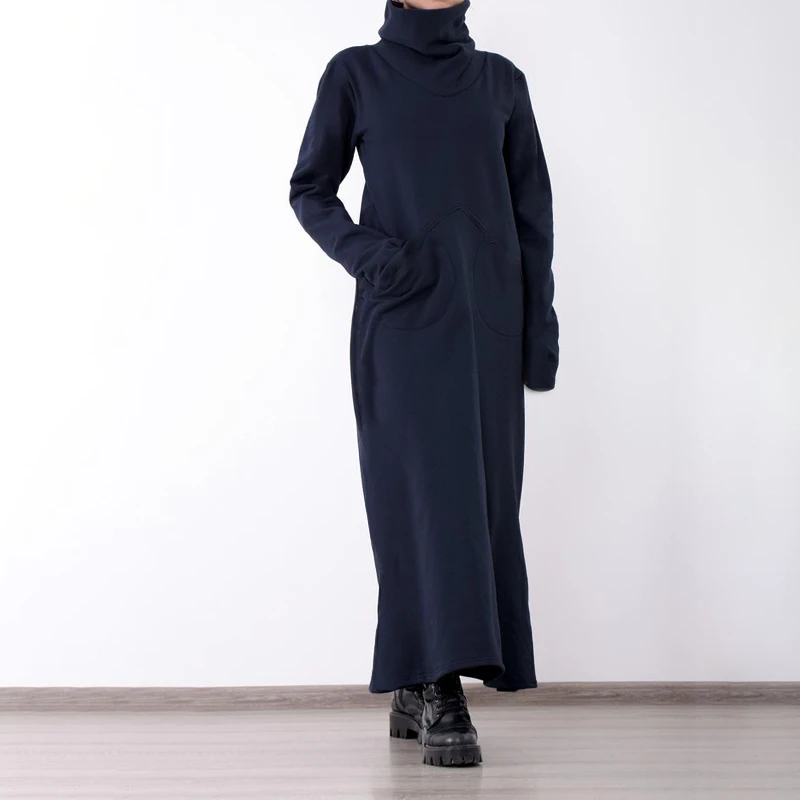 Cellumia Осень Зима длинное платье Женская водолазка свитер Vestidos карманы женское Повседневное Платье макси с длинным рукавом халат размера плюс