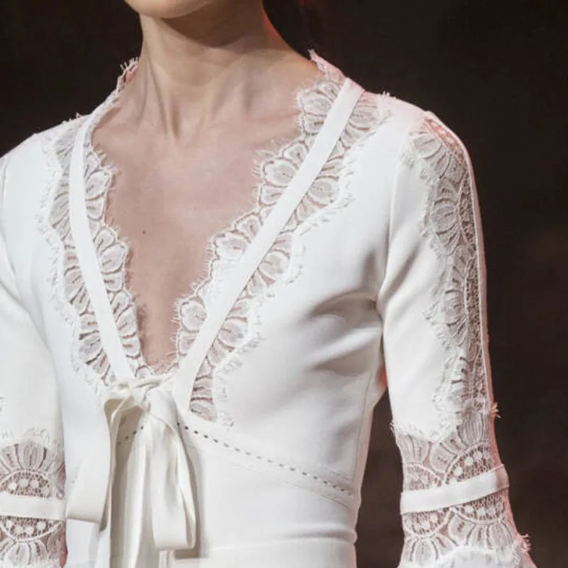 KAMIYING лоскутное кружевное платье для женщин с v-образным вырезом и высокой талией фонарь с длинным рукавом на шнуровке элегантные женские платья модная новинка