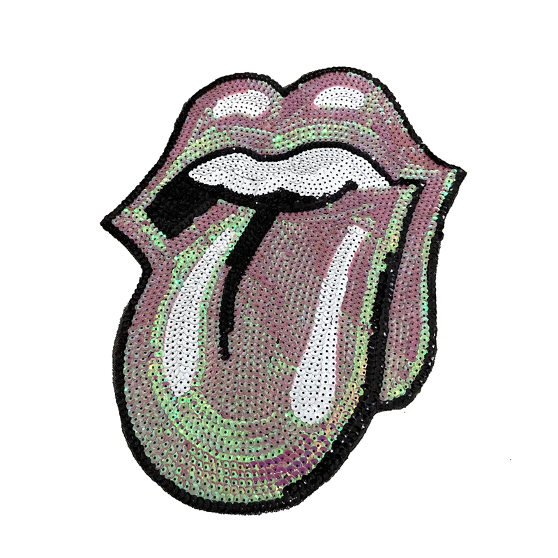 WUYUCONG Large Bling Pink Tongue sequined sew on Patches for Jacket DIY Garment Accessories 1 Piece