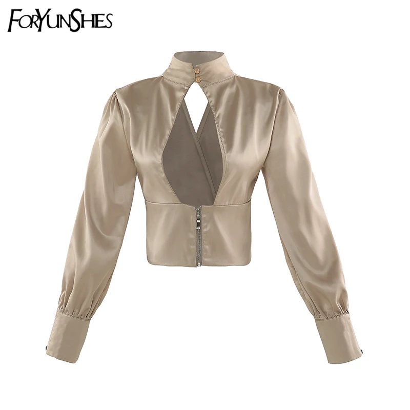

FORYUNSHES Women Long Sleeve Shirts 2020 Autumn Fashion Femme Hollow Backless V-neck Halter Sexy Blouse Retro Slim Chic Tops
