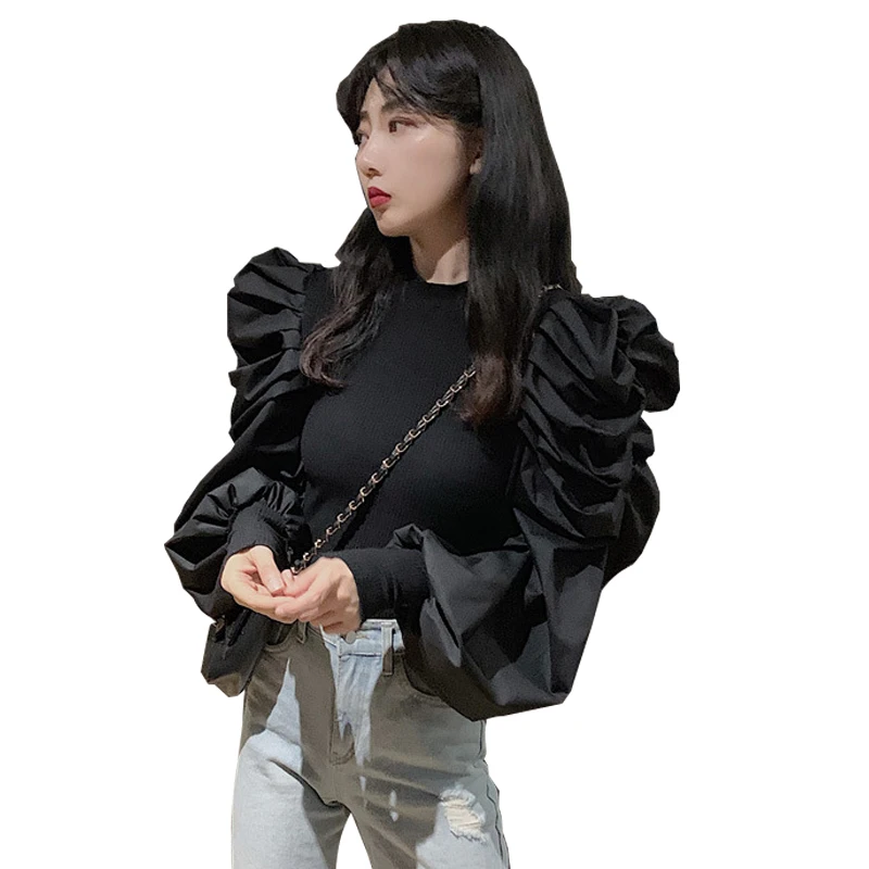 

BKMGC Ruffle Sweater Retro Korean Fashion Patchwork Sweater Black Pullovers Slim Lantern Puff Sleeve Jumpers Solid Women Tops