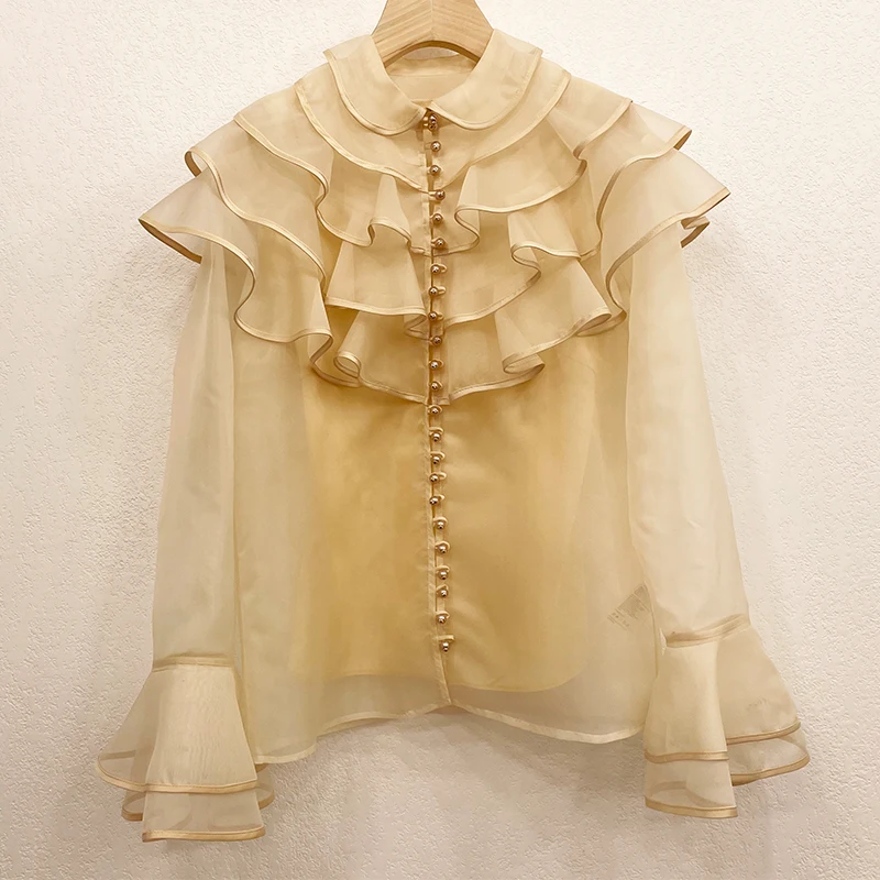 

2020 new silk exquisite retro style pearl button multi-layer ruffle two-piece top