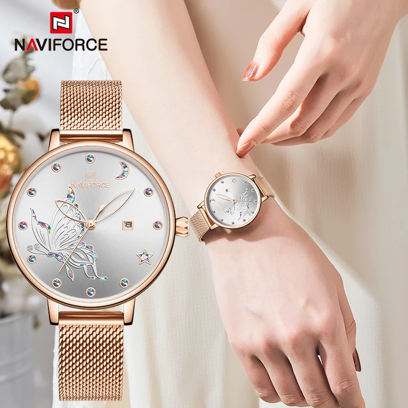 NAVIFORCE Топ Роскошные часы розового золота Женские кварцевые наручные модные
