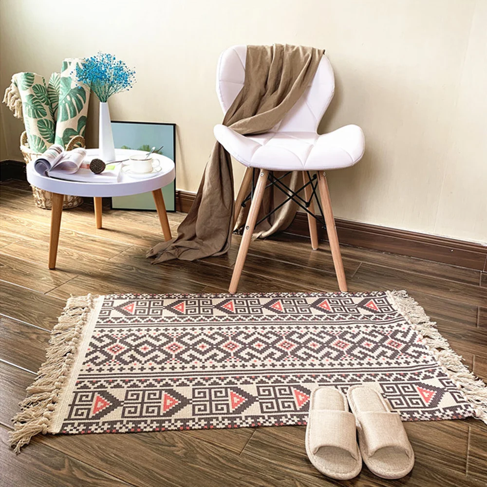 

Bohemian Geometric Floor Mat Hand Woven Cotton Linen Carpet Tassel Bedside Rug Print Area Rug for Living Room Home Decor