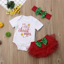 Новинка; Рождественская Одежда для маленьких девочек; комбинезон; боди; юбка-пачка с оборками; короткая повязка на голову; Рождественская одежда