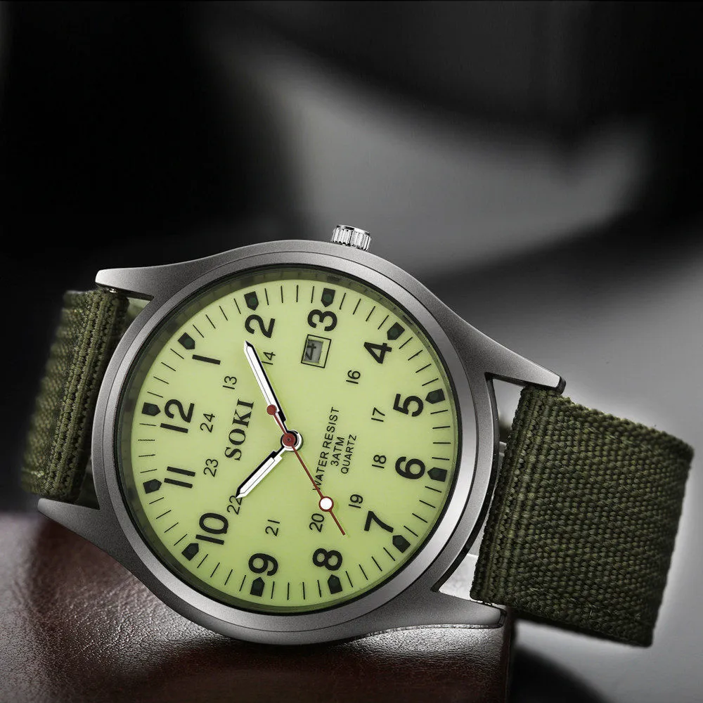 SOKI высококачественные женские часы, военные армейские мужские часы с датой, Холщовый ремешок из нержавеющей стали, Спортивные кварцевые наручные часы Relojes Hombre