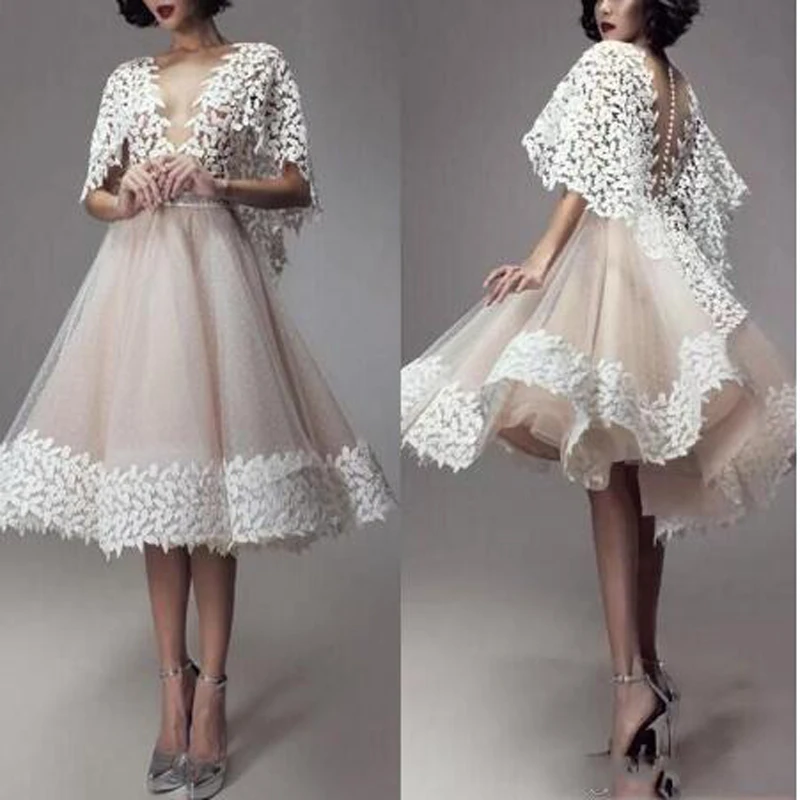Пышные трапециевидные коктейльные платья Аппликация vestido coctel Потрясающие коктейльные платья для женщин с рукавами и v-образным вырезом