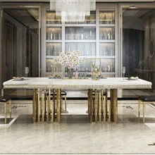 

Rock slab dining table simple rectangular light luxury stainless steel dining table and chairs high-end villa furniture