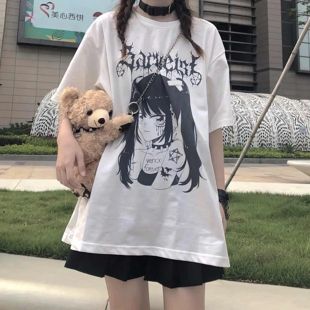 Kawaii Ninja Cat Print Black Summer Korean pop Streetwear Women chic casual Tops Tees Aesthetic Camisas Mujer Harajuku T-Shirt