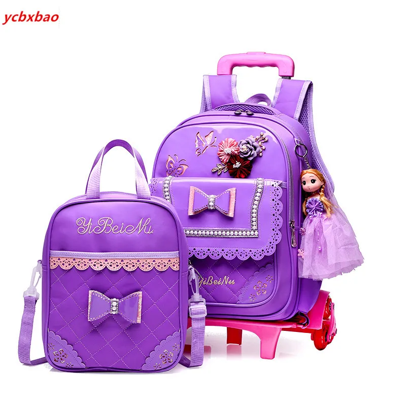 

Fashion 2PCS sets Girls Trolley Rolling cartoon School Bags With 2/6 Wheels Backpack Climb the stairs school travel luggage