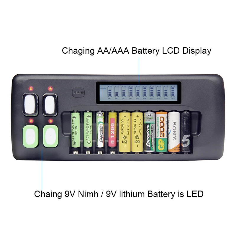 

14-slot AA AAA battery charger LCD display smart charger, suitable for 1.2V AA AAA Ni-MH Ni-Cd 9V 6F22 rechargeable batteries