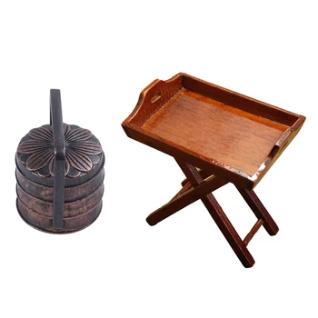 

Dollhouse Miniature Toy 1:12 Kitchen Wooden Tray Table Height 6cm & Round Food Container