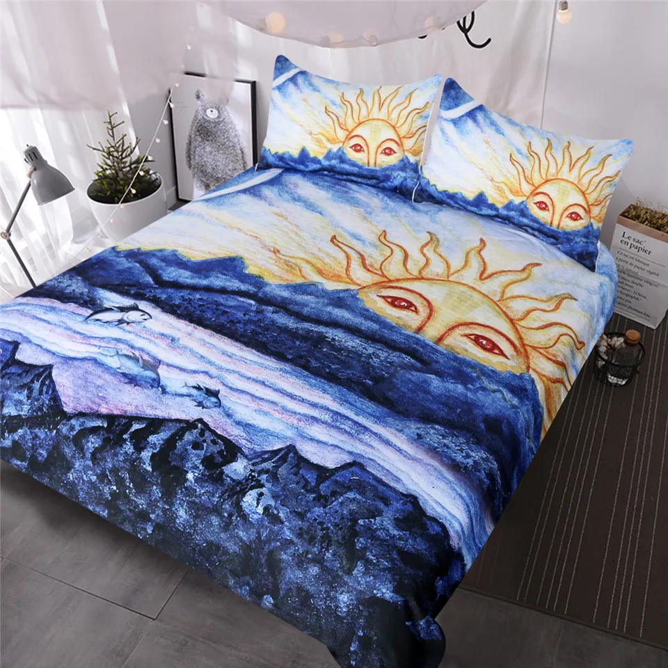 

HM Life Duvet Cover Set Abstract Beach Morning Sun Over Ocean Bedding Set 3 Piece Blue White Natural Inspired Bedclothes