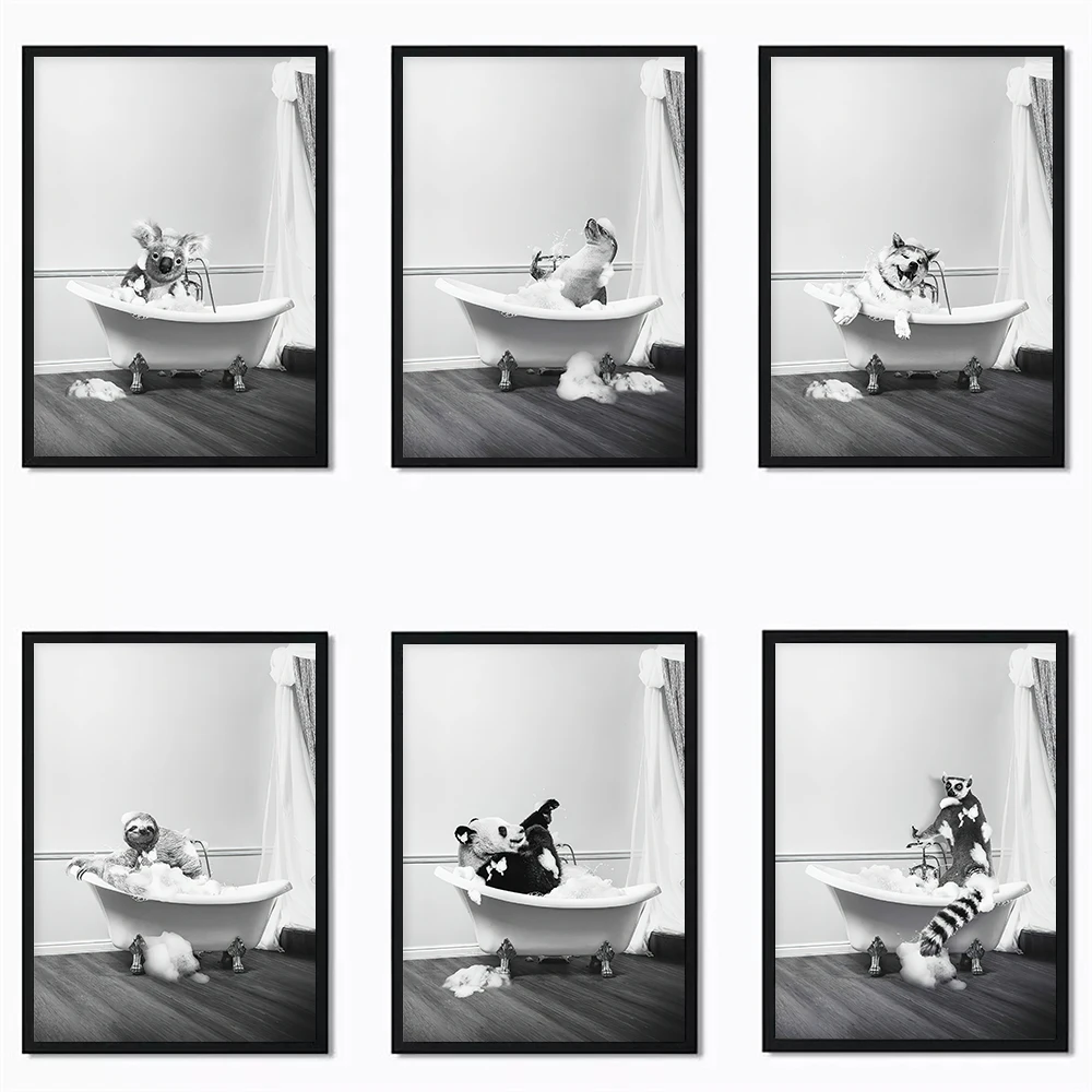 WildAnimalBathtubBlackWhiteArtPrintsPandaWhaleDolphinBearDog