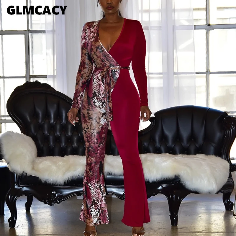 Women Snake Printed Splicing Long Sleeve Plunge V-neck Wrap Belt Bodycon Wide Leg Jumpsuit Sexy Female Oversize Overall