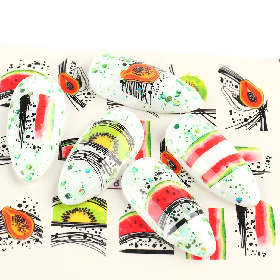 Наклейки для дизайна ногтей с изображением паука фрукты полосками переводные