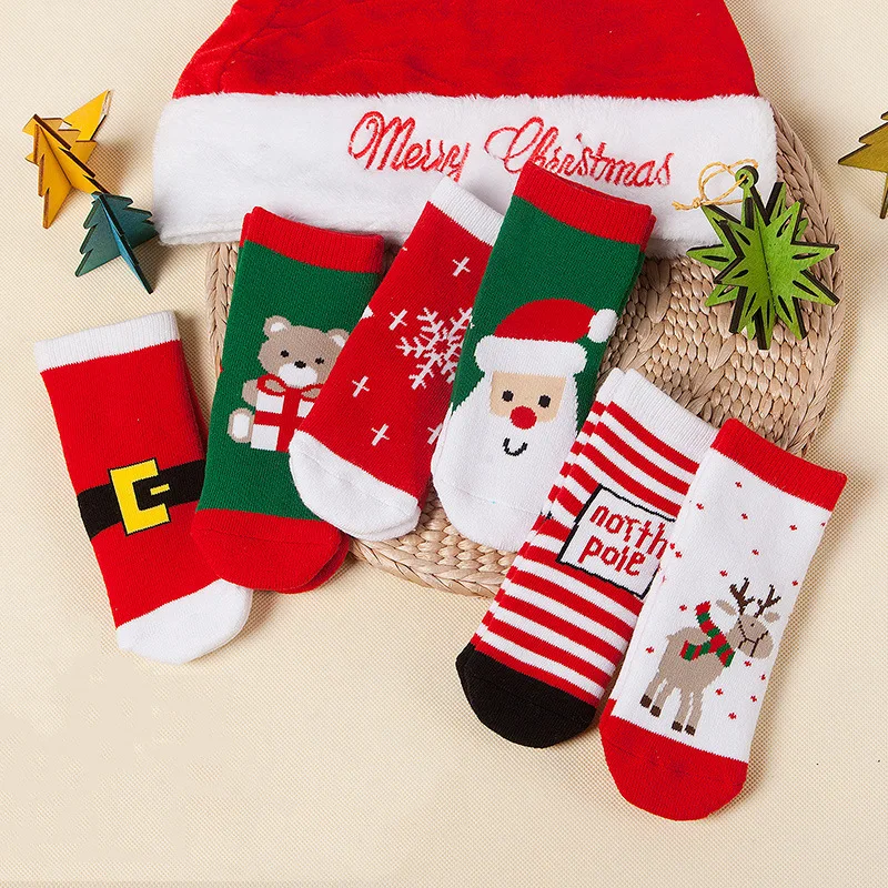 1 пара, хлопковые детские носки на весну, зиму и осень для маленьких девочек и мальчиков, в полоску, махровые, снежинки, лось, Санта Клаус, Рождество, 3 размера