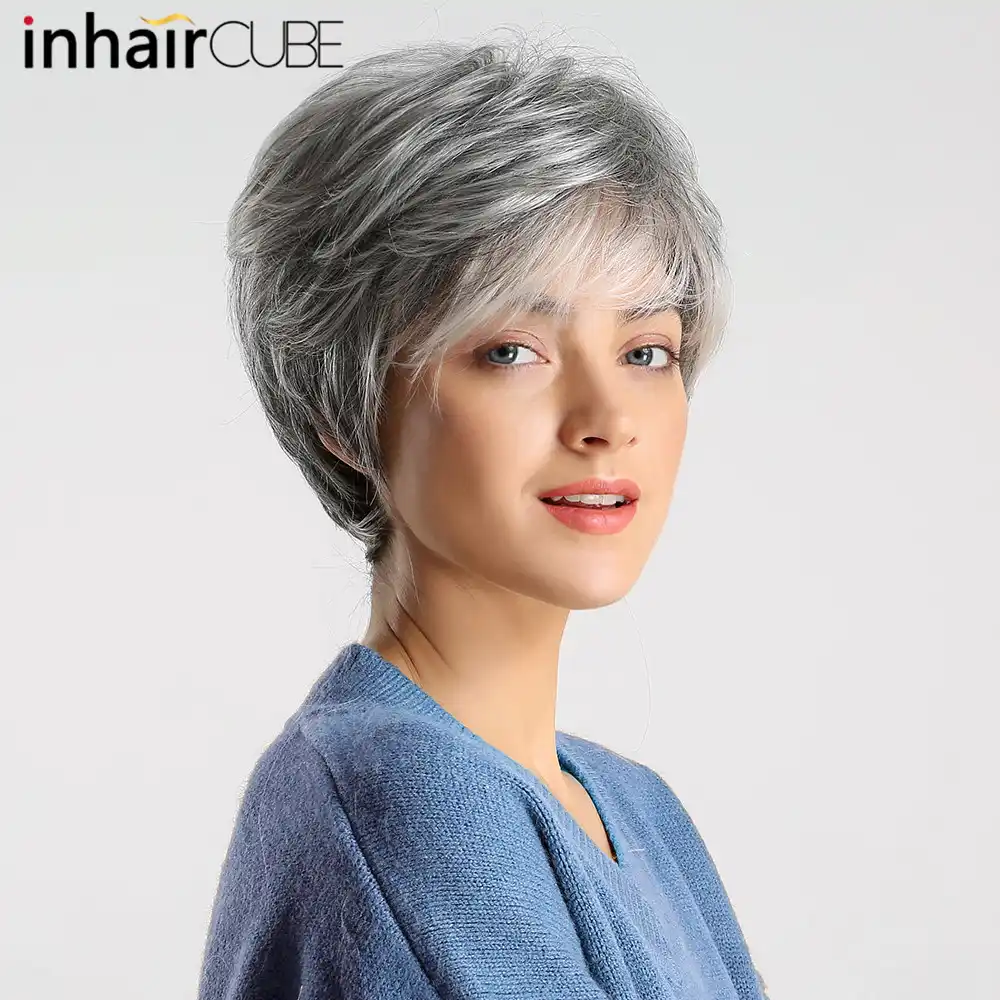 Pelucas De Mujer Inhair Cube Mullidas De Varias Capas Pelo Corto Liso Plateado Gris Peluca De Pelo Sintetico Natural Mezclado Con Flequillo El Pelo Corto Pelo Del Pelopelo Envio Gratis Aliexpress